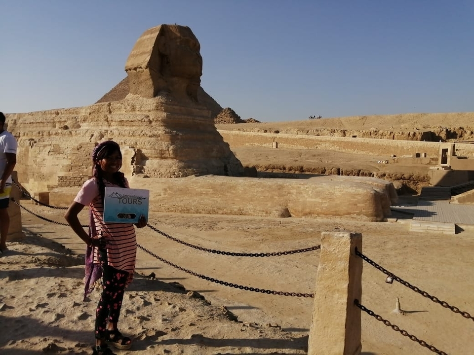 Personne tenant une pancarte devant le Sphinx de Gizeh.