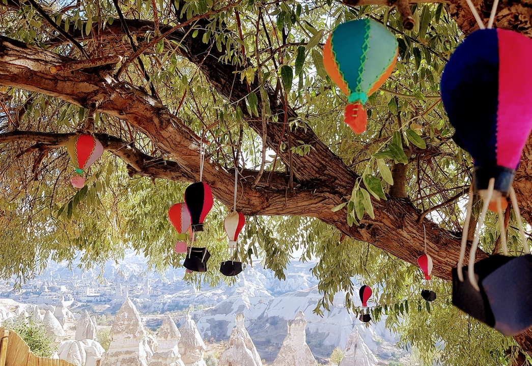 Colorful hot air balloon ornaments hanging in a tree.