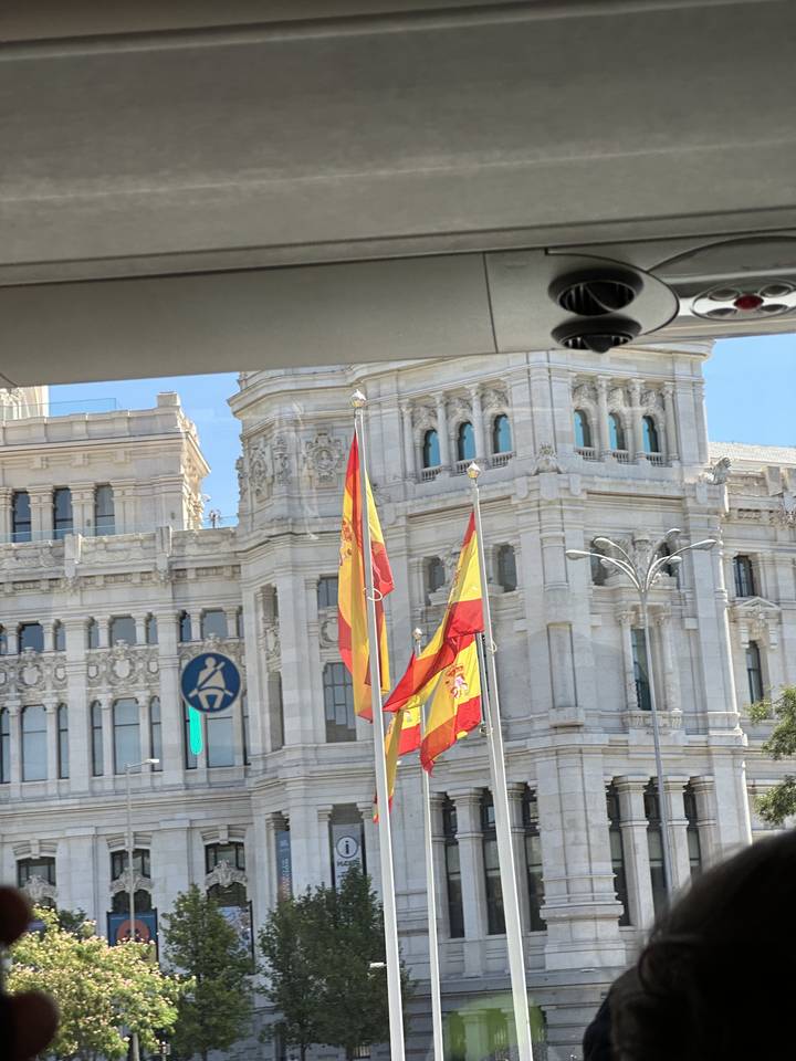 Flags waving in front of a majestic building.