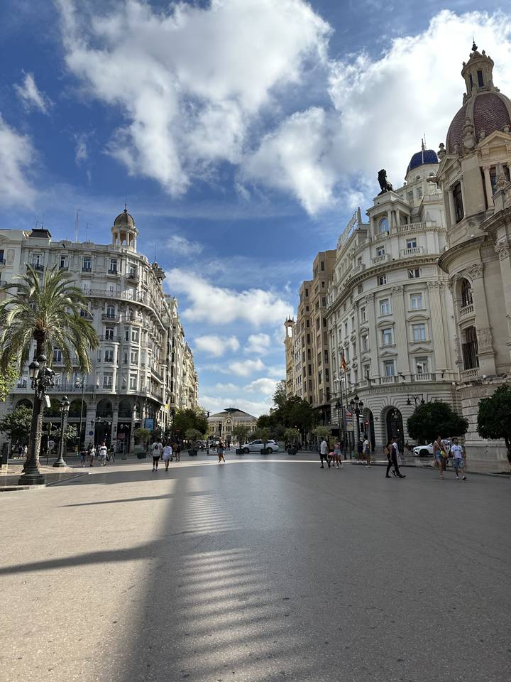 Wide view of a city square with historical buildings.