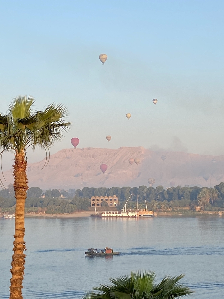 Colorful hot-air balloons drift over the Nile valley at sunrise with palm trees and desert hills beyond.
