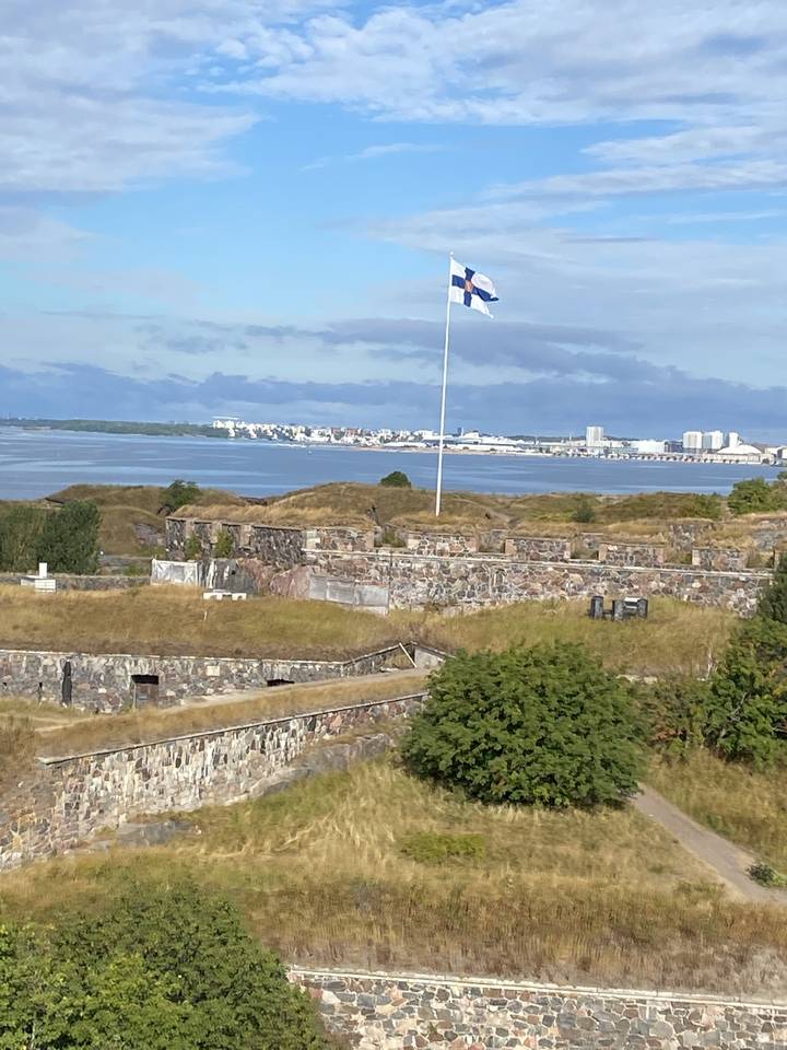 Flag on a pole in a coastal area.