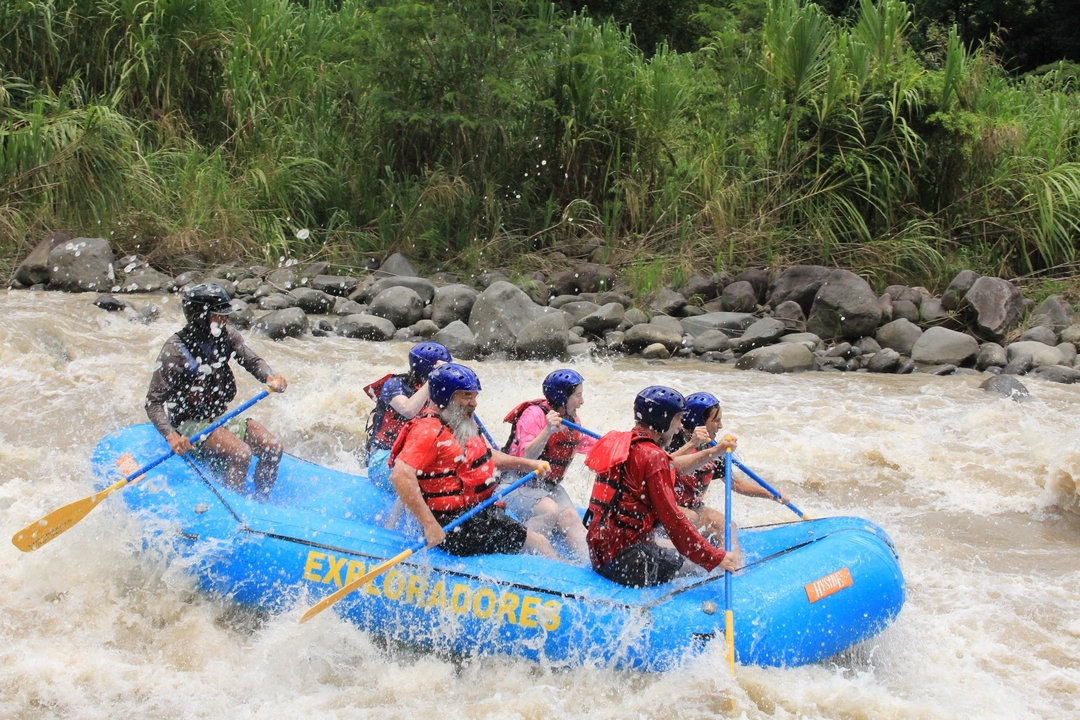 Team navigating a raft through rapids, lush riverbank visible.