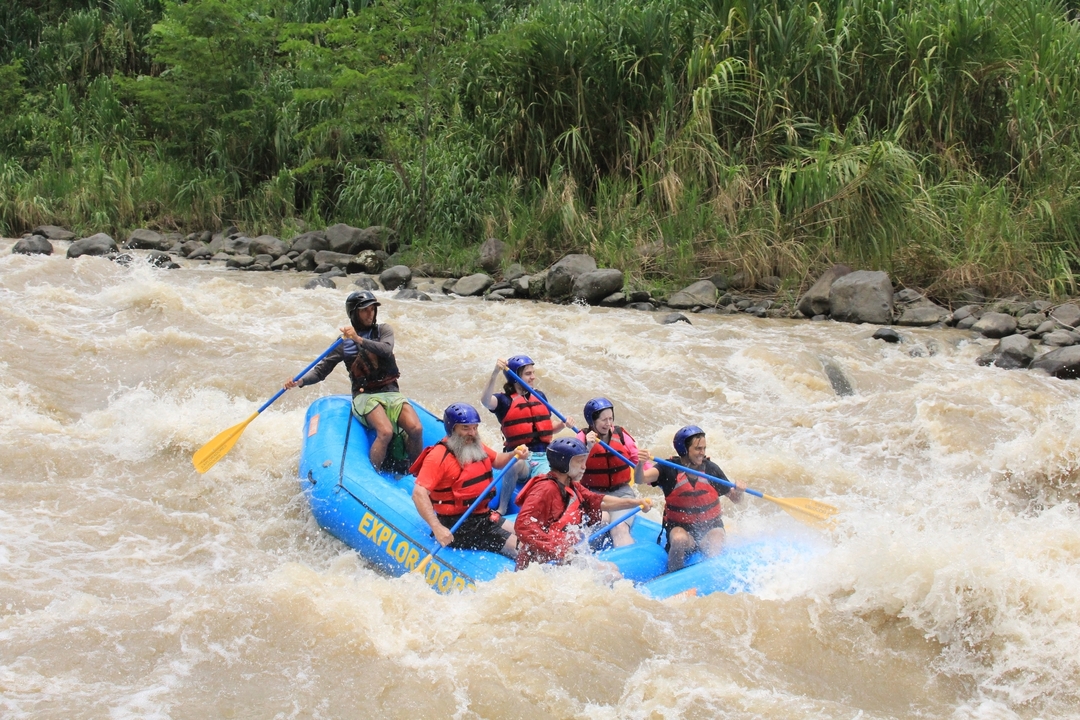 Group rafting down a rapid river, with vibrant greenery.