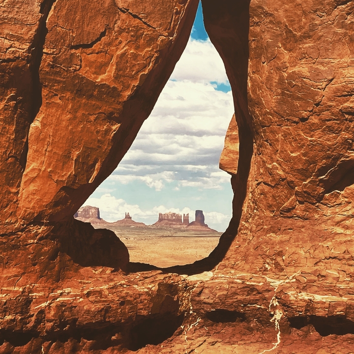 View through a rock opening to rock formations in the distance.