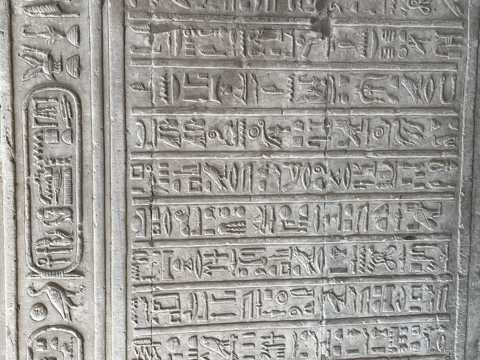 Close-up of hieroglyphics on a stone wall.
