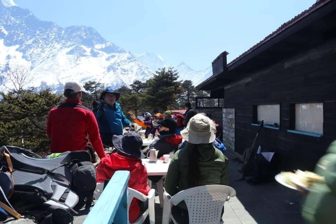 Group dining outdoors with mountain view.