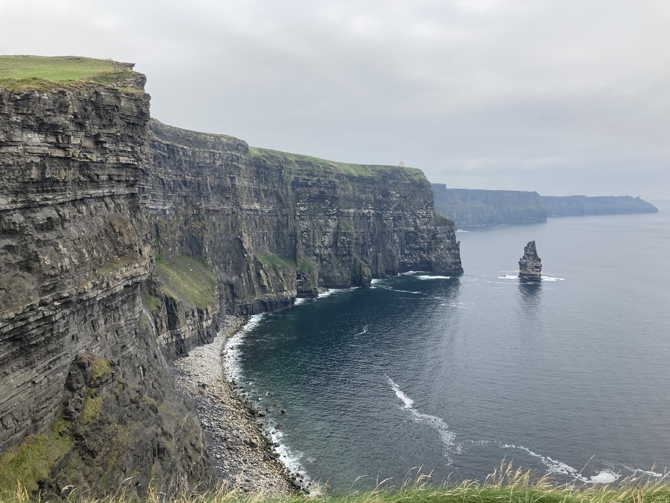 Famous cliffs by the ocean under a cloudy sky.