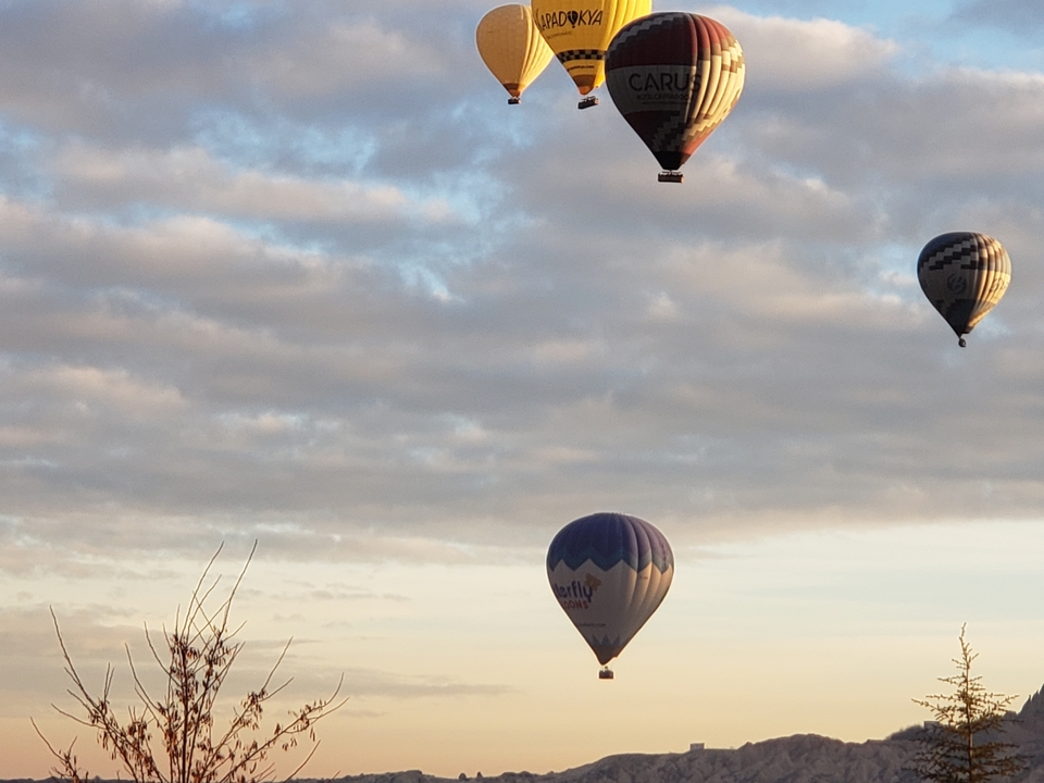 Hot air balloons against a sky, Cappadocia, Turkey.