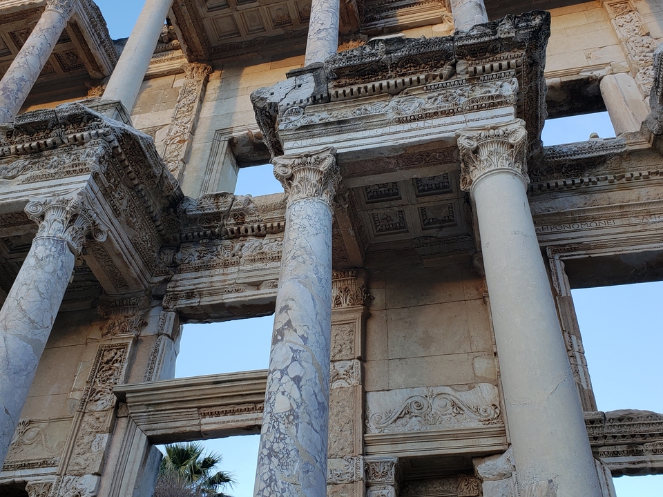Ancient ruins with detailed stone carvings, Ephesus Archaeological Museum.