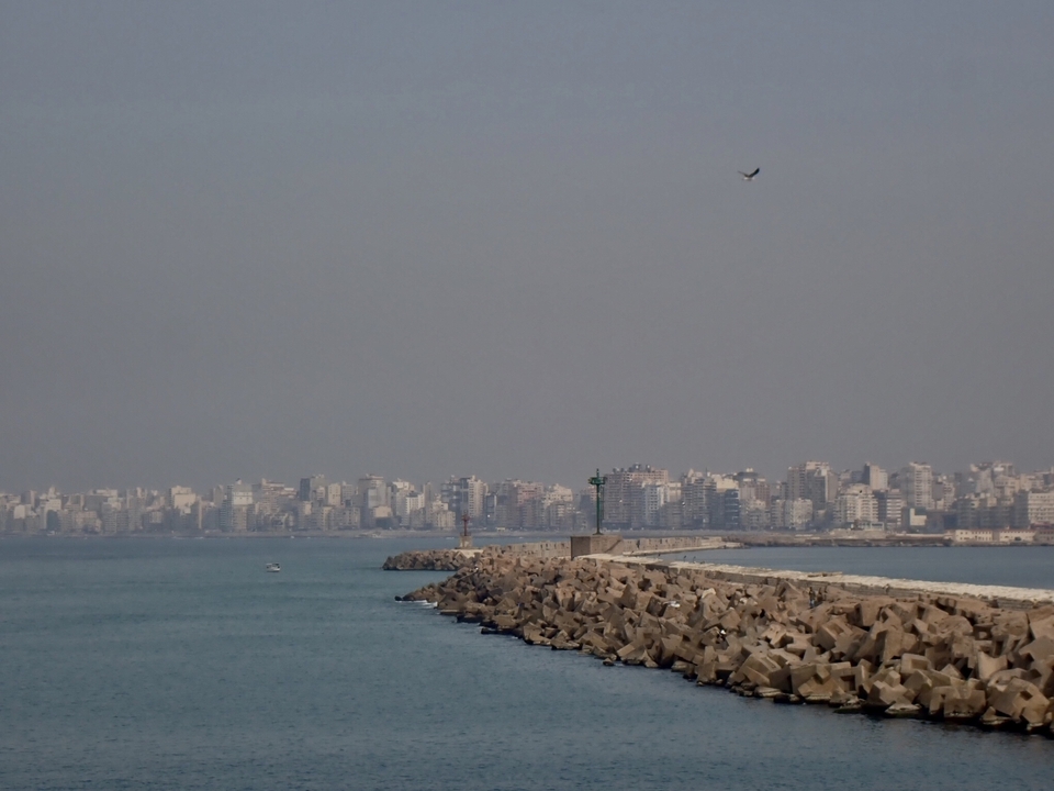 View of a city skyline along the waterfront.