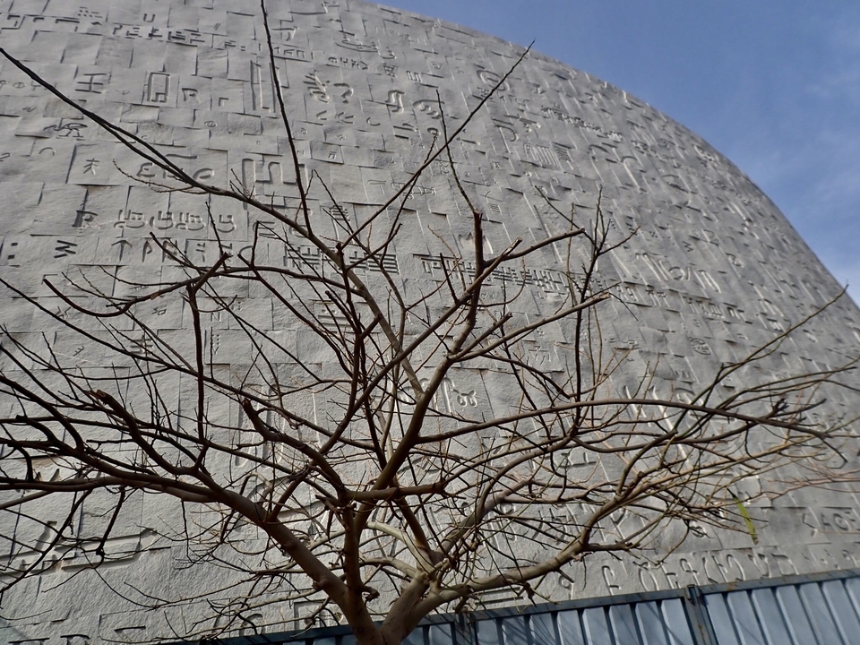 Wall with engraved text and branches in the foreground.