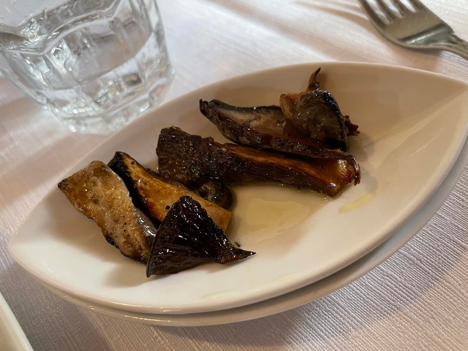 Plate with roasted eggplant slices.