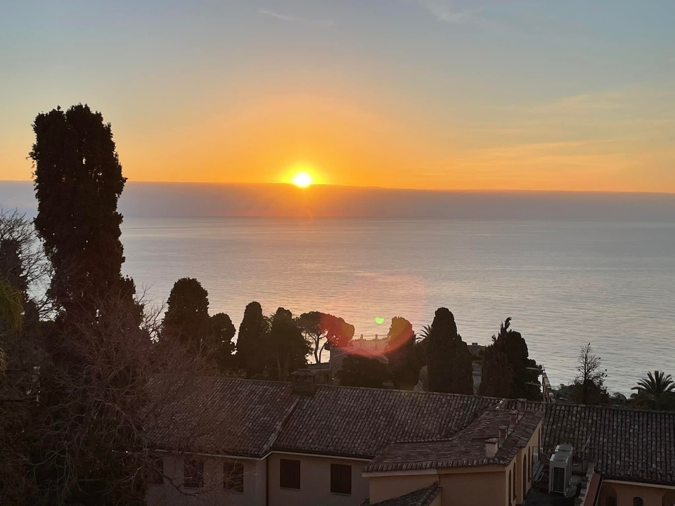Sunset view over the ocean with trees on the horizon.