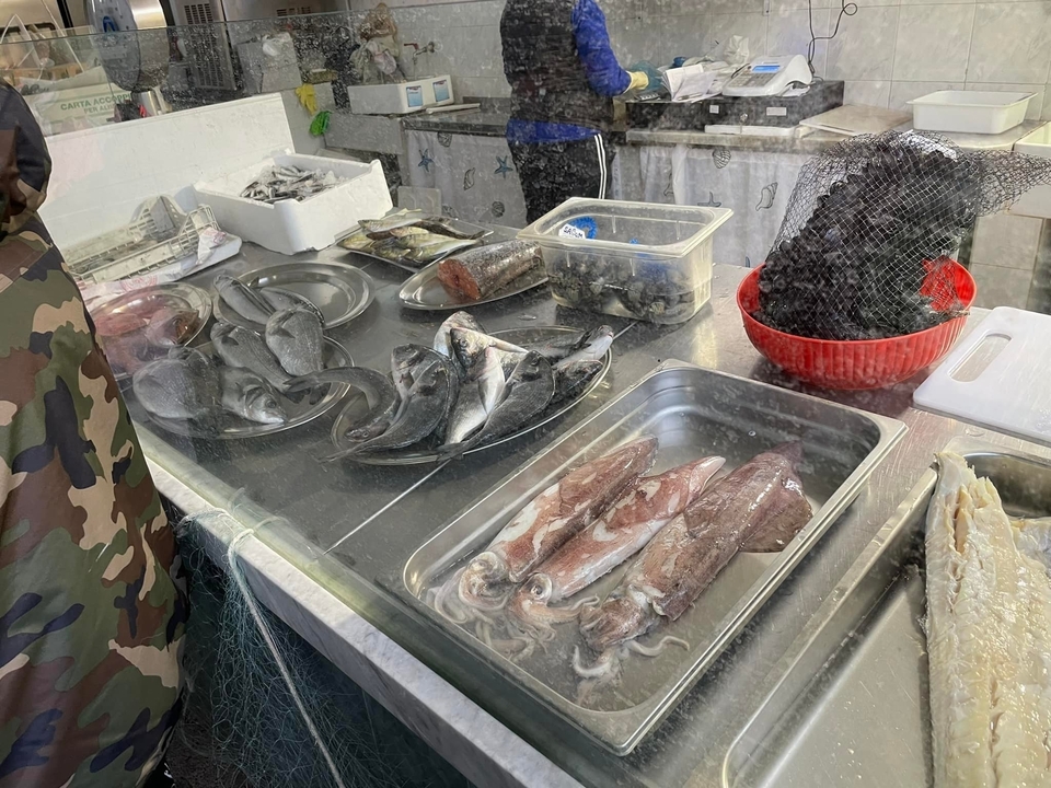 Various seafood displayed on a market table.