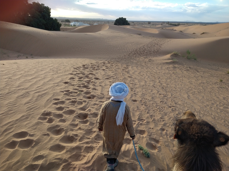 A person leading a camel in the desert.