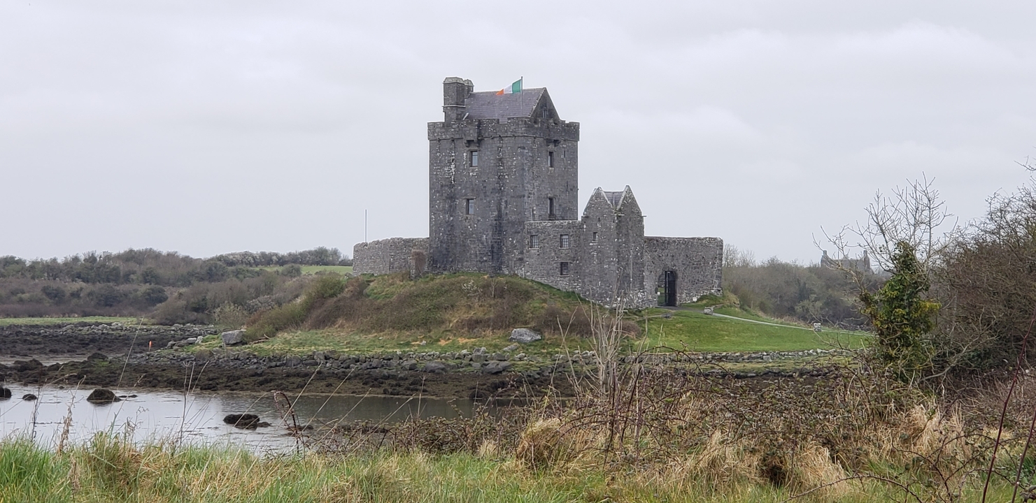 Castle on a grassy land near a water body.