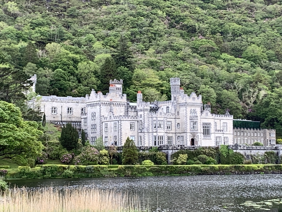A castle surrounded by lush greenery on a hillside.