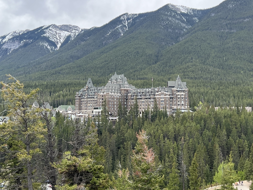 Un grand hôtel situé dans un décor de forêt et de montagnes.