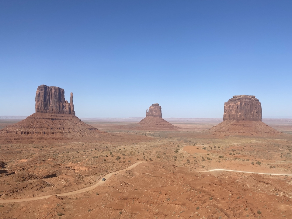 Panorama of Monument Valley with iconic buttes.
