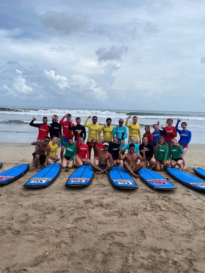 Group of surfers posing on a beach with surfboards.
