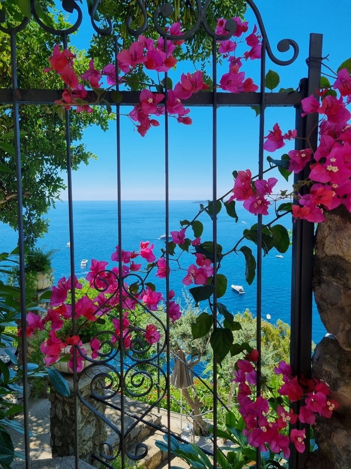 View through a wrought iron railing towards the blue sea beyond with flowers.