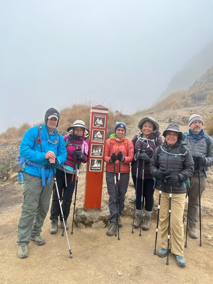 A group posing by a trail sign at a high-altitude location.