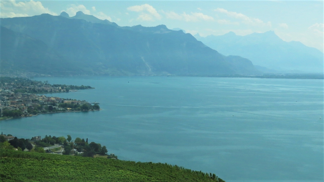 Expansive lake view with mountains and a small town.