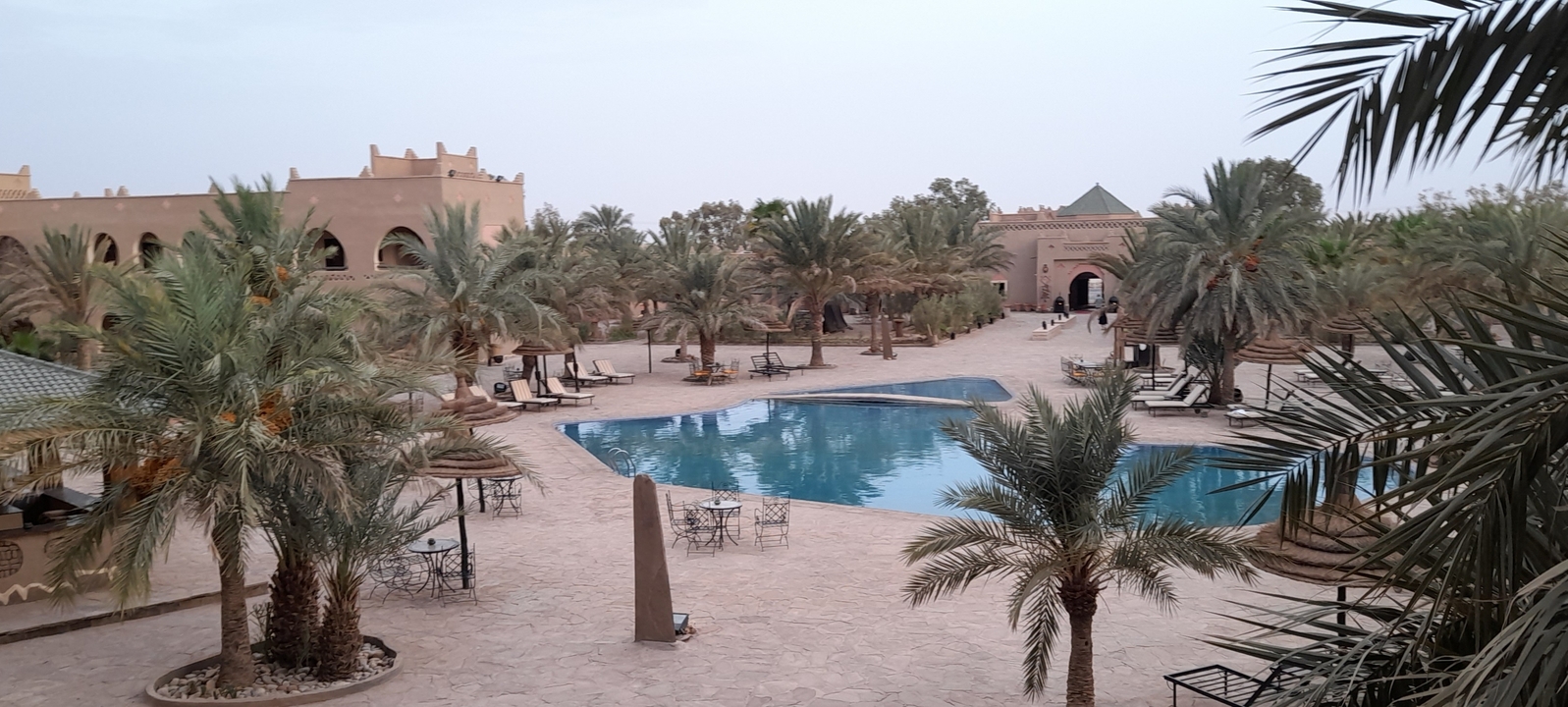 Zone de piscine luxueuse avec palmiers et architecture.