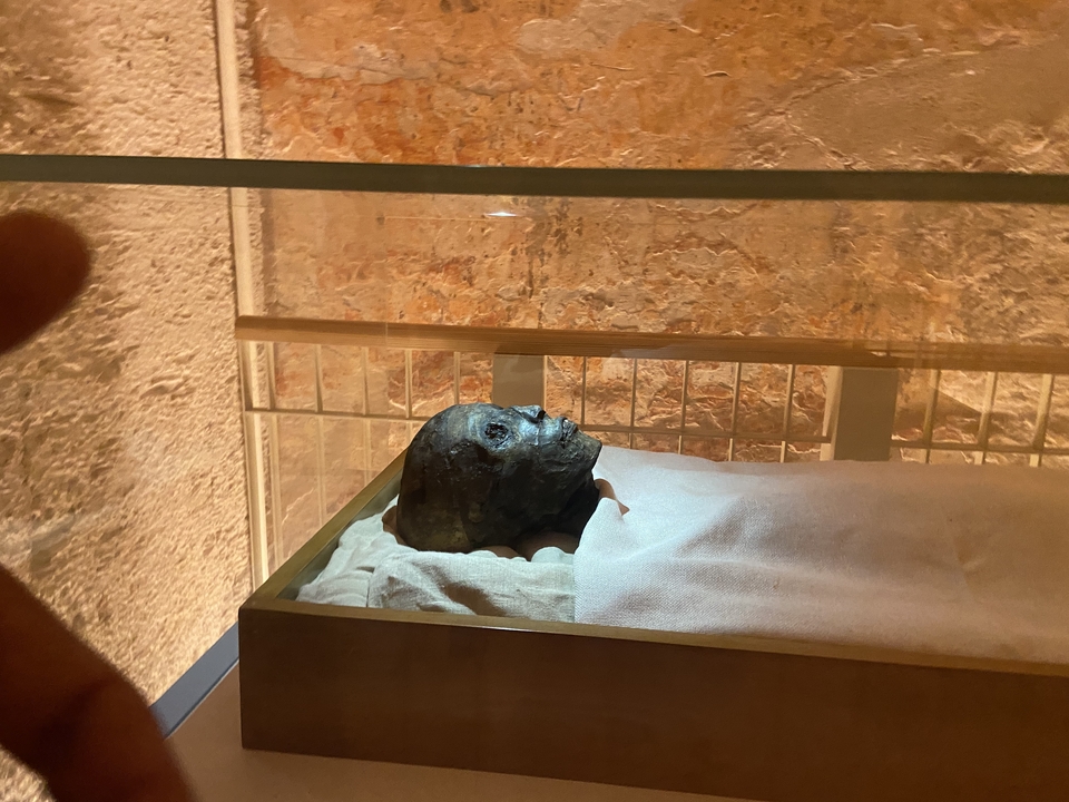 A mummified body displayed in a museum setting.