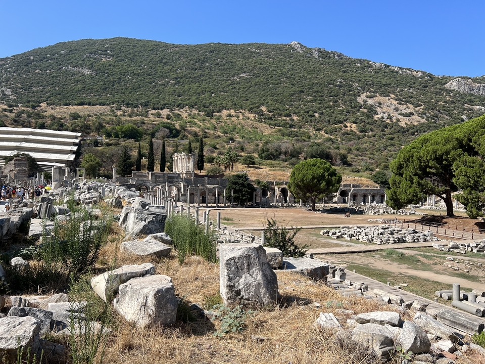 Ancient city ruins with stone structures and vegetation on a sunny day.