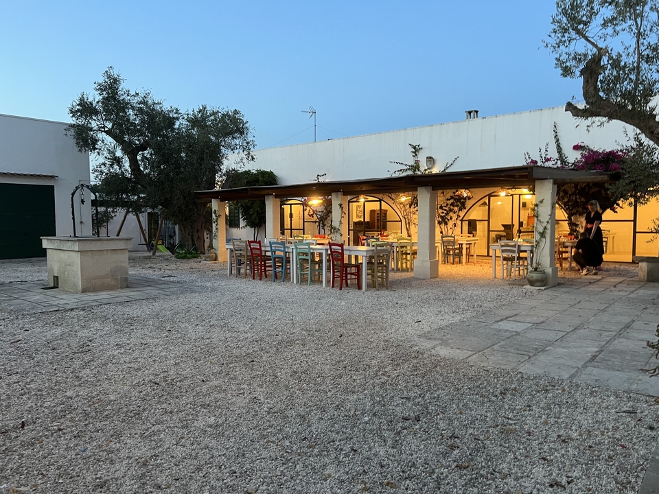 An outdoor dining area set under a roof with colorful chairs.