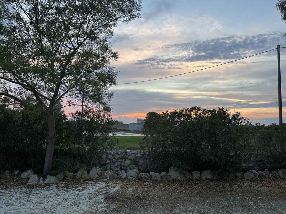 A scenic sunset view over a landscape with trees.