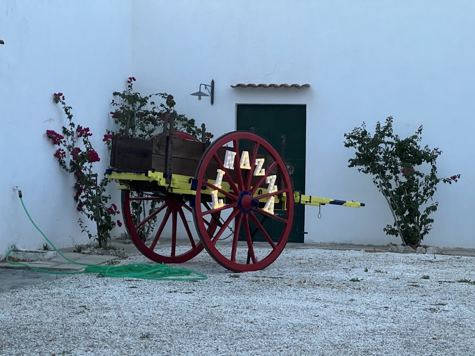 A decorative cart in front of a white building with flowers.