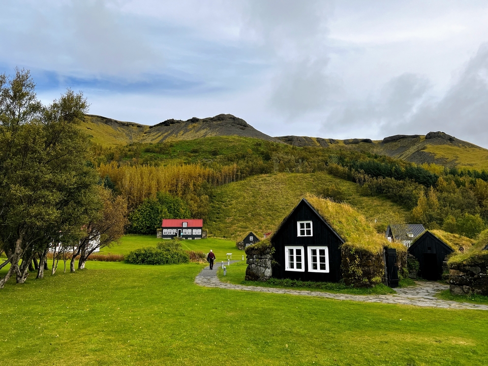 Traditional Icelandic turf houses in a green landscape.