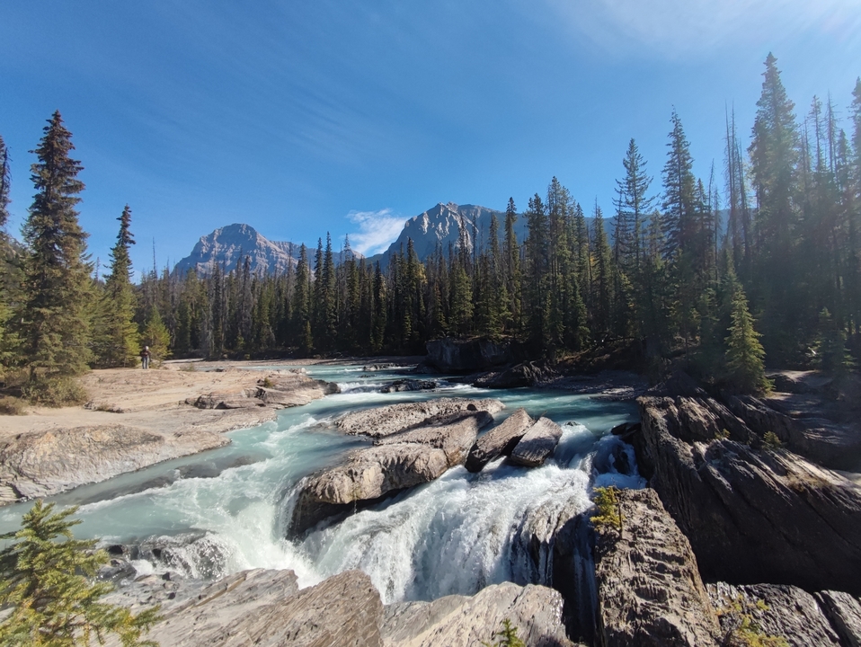 River flowing through rocky terrain with forest and mountains.