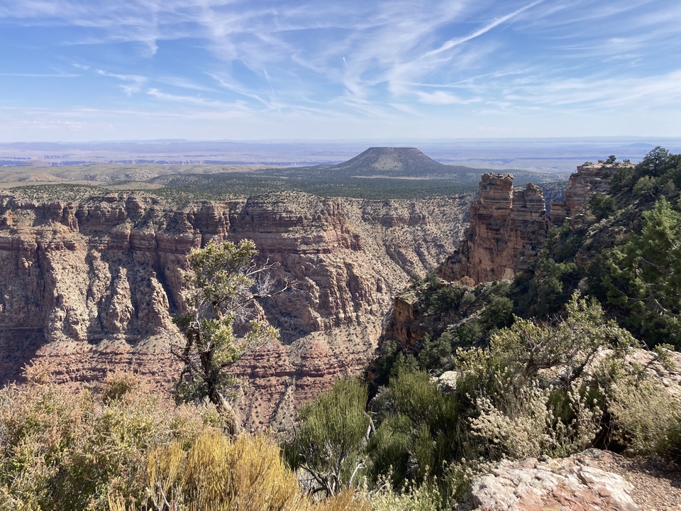 Scenic landscape with mesa and canyon views under a blue sky.