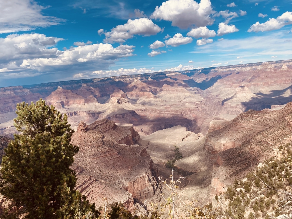 Panoramic view of the Grand Canyon under a partly cloudy sky.
