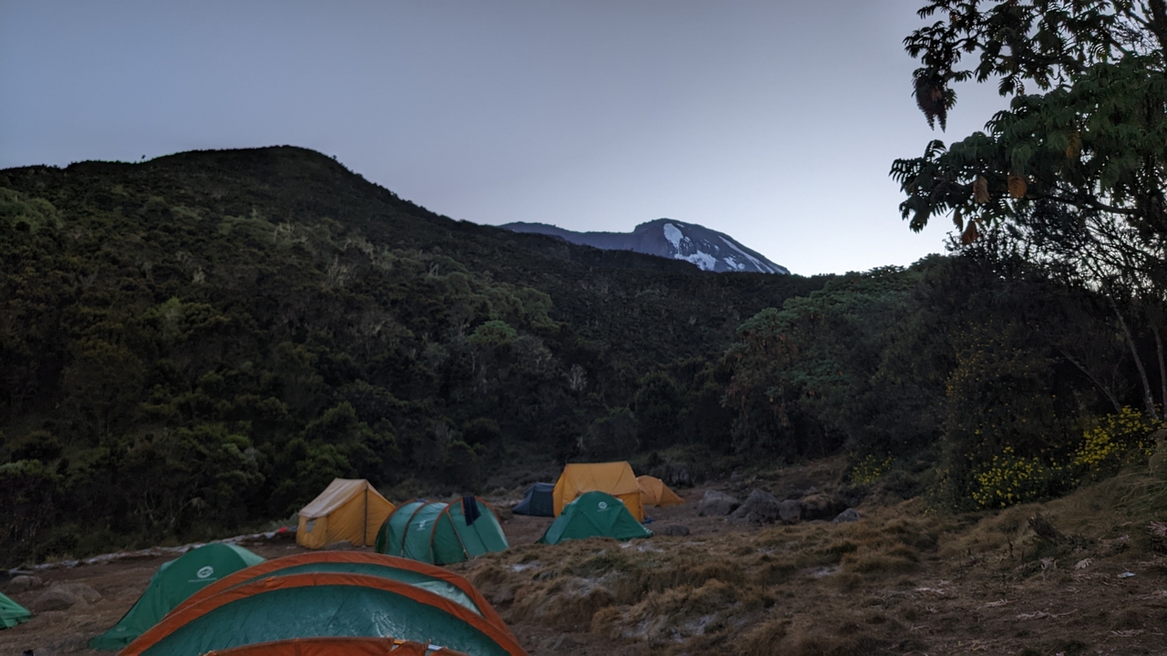 Tents set up at a campsite with mountain backdrop.