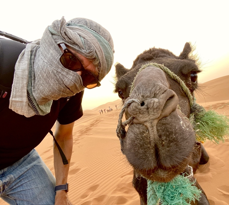 Close-up of a person with a camel in the desert.