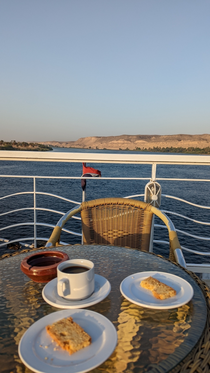 View from a boat's deck with a river and distant mountains.