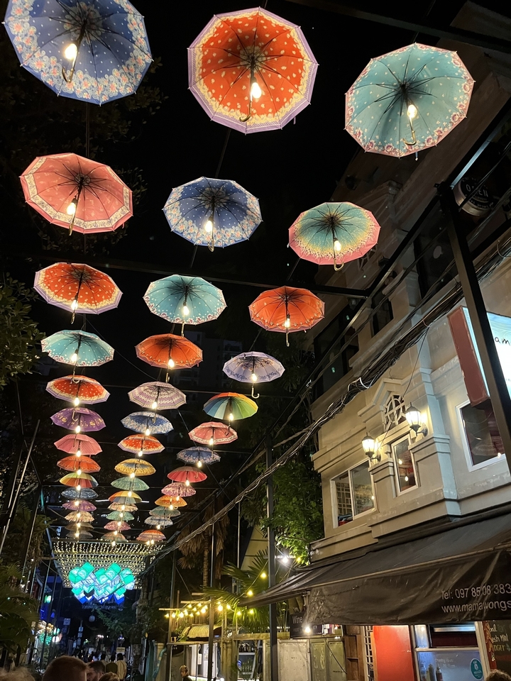 Decorative umbrellas with lights at night.