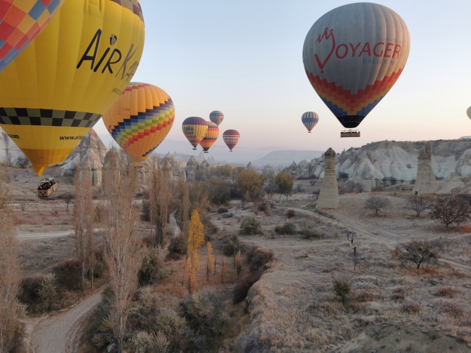 Hot air balloons flying over a rocky landscape during sunrise.