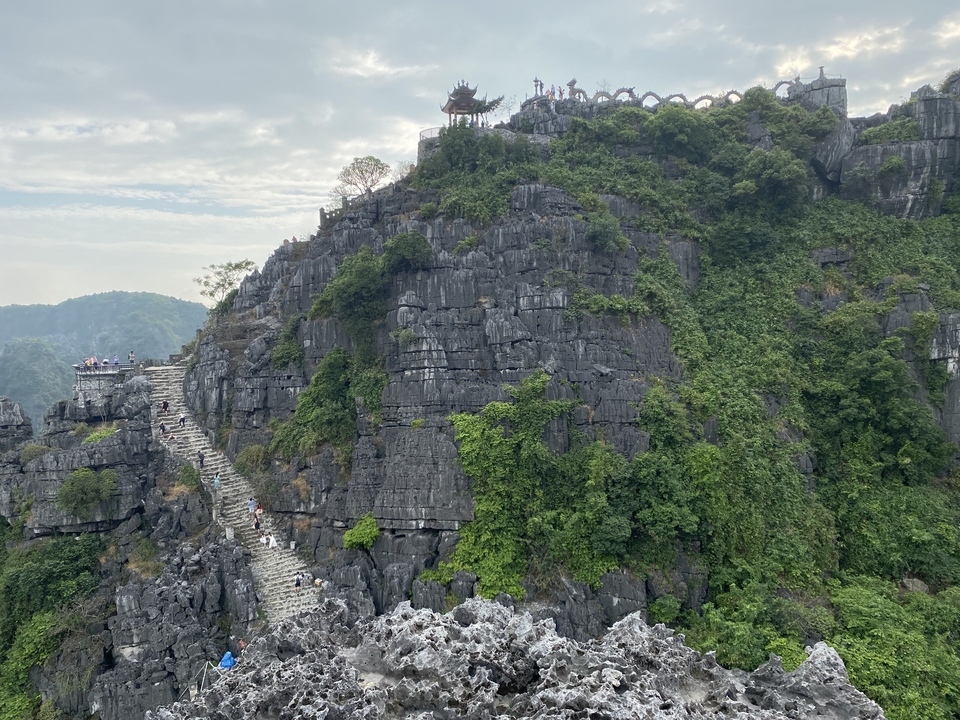 Staircase leading up a rocky hill with lush vegetation.
