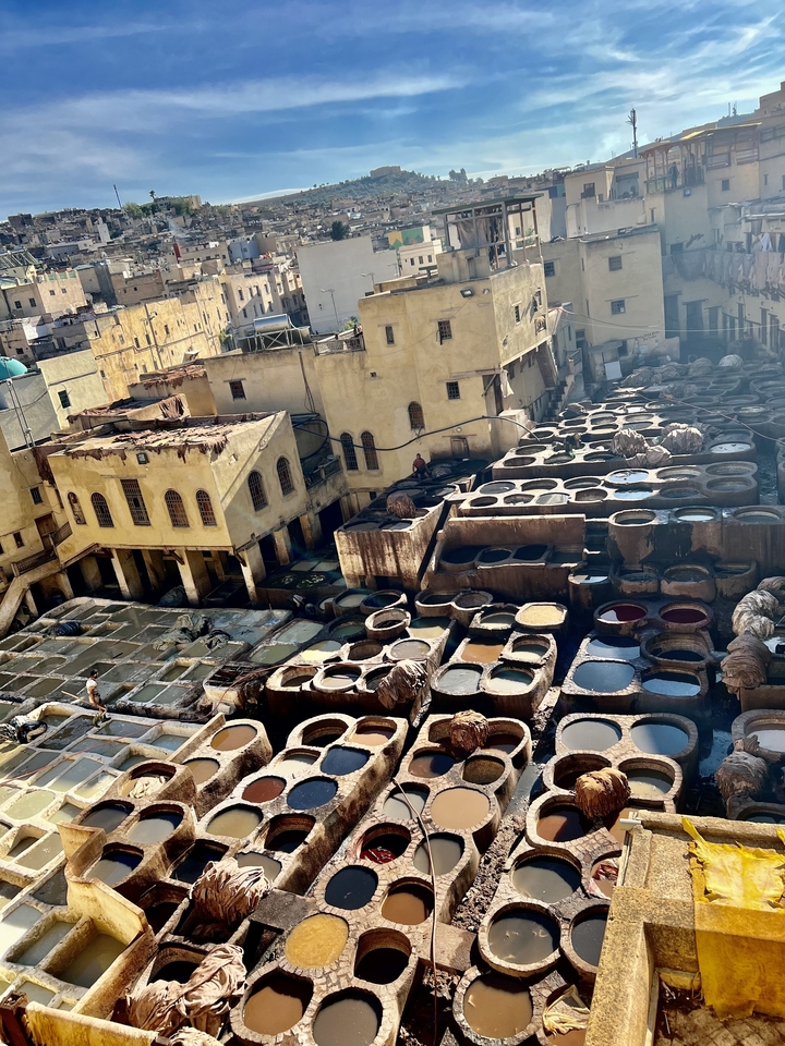Traditional tannery with dyeing vats.