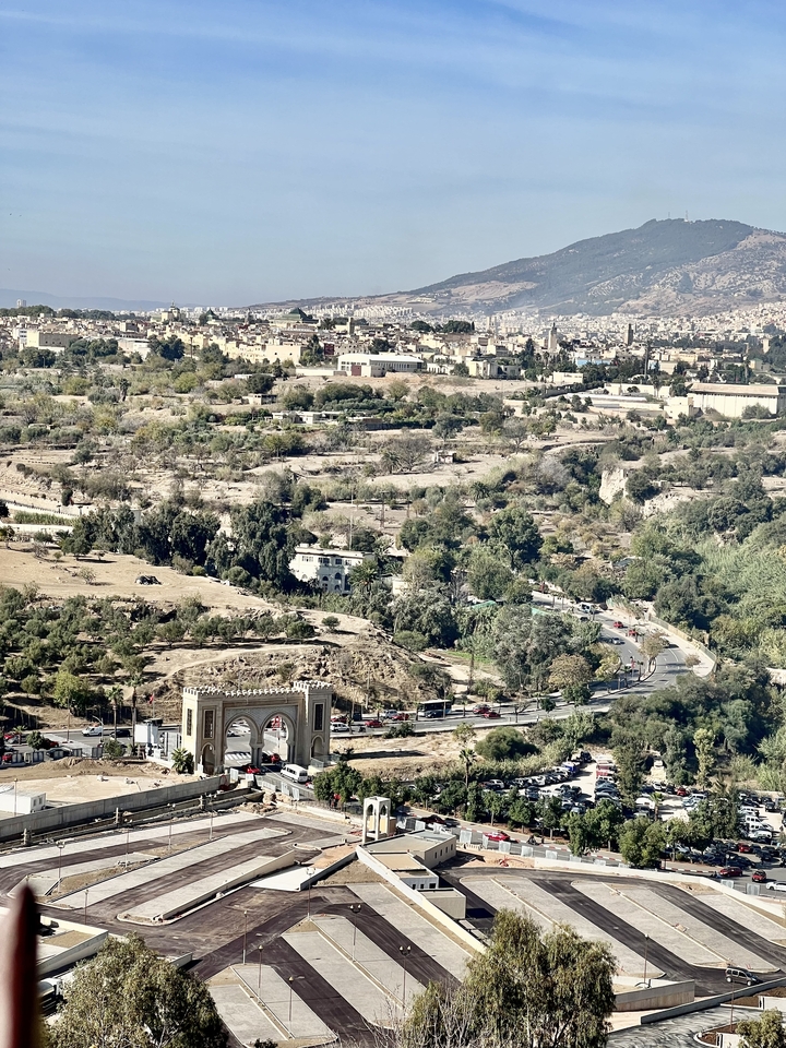 Panoramic view of a city with greenery and roads.