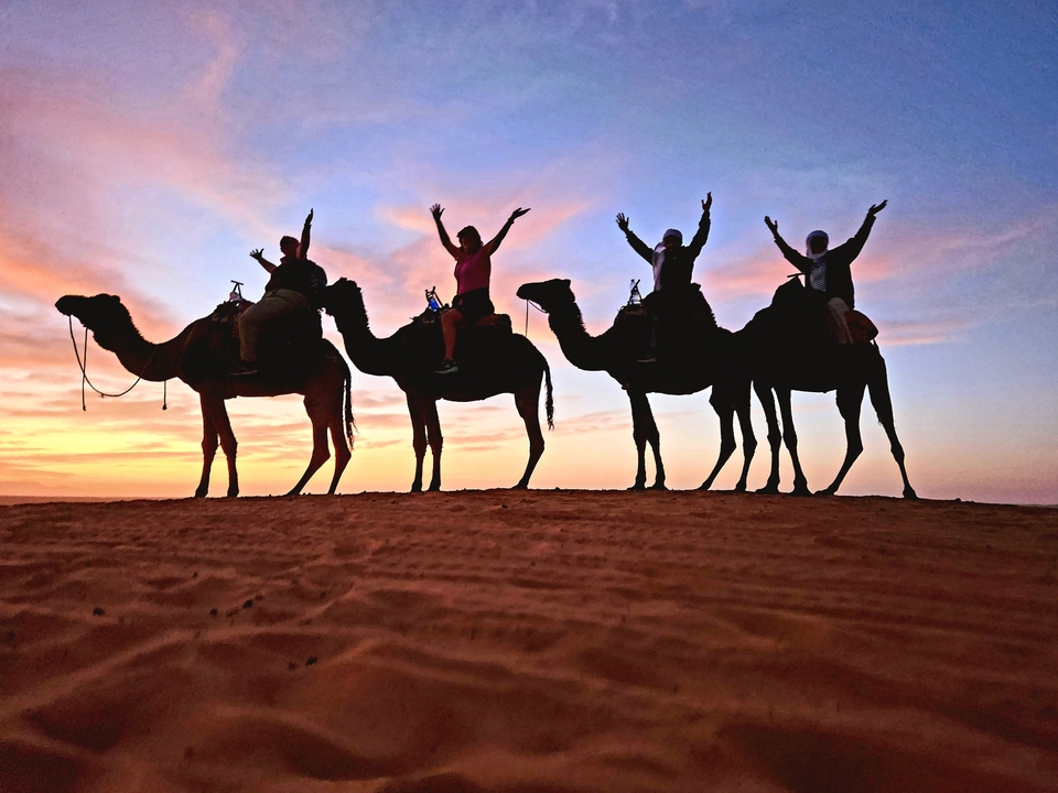 People riding camels silhouetted against a colorful sunset.
