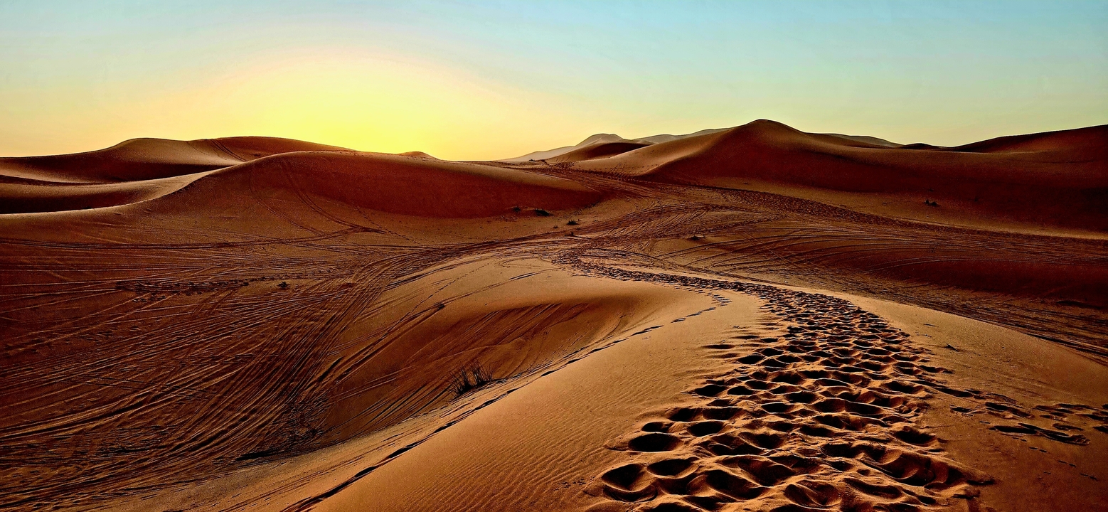 Footprints in sand dunes under a clear sky at sunset.