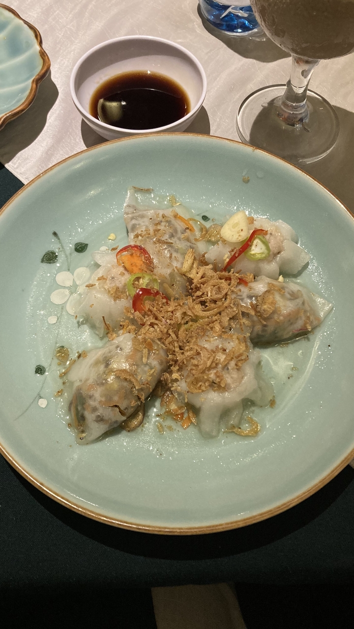 Plate of beautifully presented Vietnamese food.