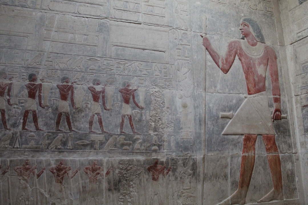 Interior wall with ancient Egyptian carvings.